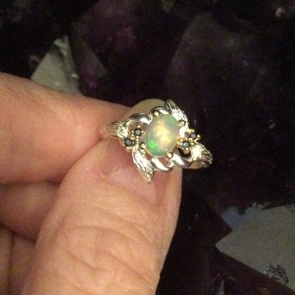 Amazing Genuine Fiery Opal Ring with Sapphires - Picture 11 of 11